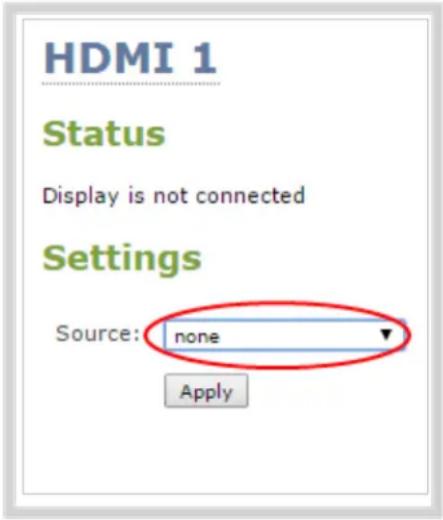 HDMI 1 Status Display is not connected Settings Source: none Apply