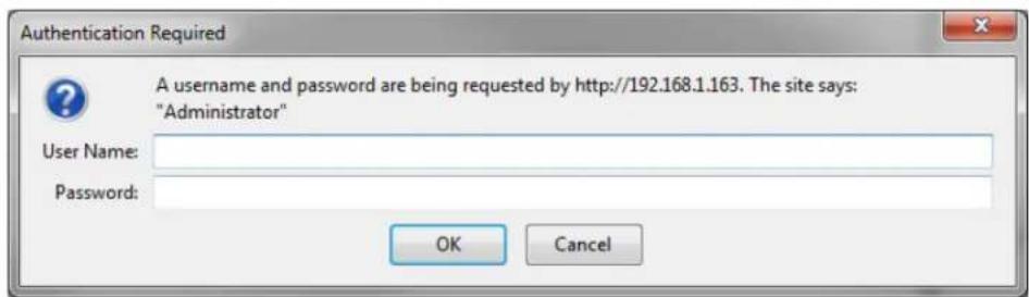 Authentication Required A username and password are being requested by http://192.168.1.163. The site says: "Administrator" User Name: Password: OK Cancel