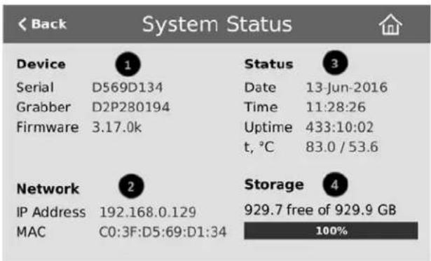 < Back System Status Device 1 Status 3 Serial D569D134 Date 13-Jun-2016 Grabber D2P280194 Time 11:28:26 Firmware 3.17.0k Uptime 433:10:02 t, °C 83.0 / 53.6 Network 2 Kern Storage 4 IP Address 192.168.0.129 929.7 free of 929.9 GB MAC C0:3F:D5:69:D1:34 100%