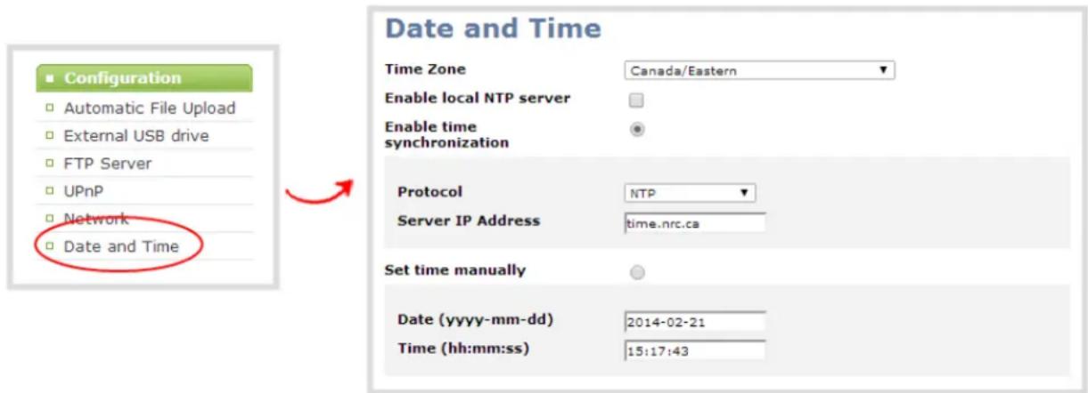 Configuration Automatic File Upload External USB drive FTP Server UPnP Network Date and Time Date and Time Time Zone Canada/Eastern Enable local NTP server Enable time synchronization Protocol NTP Server IP Address time.nrc.ca Set time manually Date (yyyy-mm-dd) 2014-02-21 Time (hh:mm:ss) 15:17:43