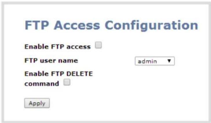FTP Access Configuration Enable FTP access FTP user name admin Enable FTP DELETE command Apply