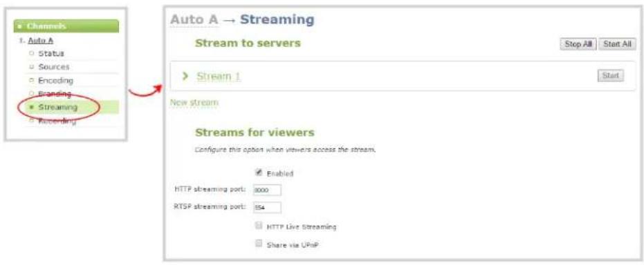 Channels 1. Auto A Status Sources Encoding Branding Streaming Recording Auto A → Streaming Stream to servers Stop All Start All Stream 1 New stream Streams for viewers Configure this option when viewers access the stream. Enabled HTTP streaming port: 0000 RTSP streaming port: 854 HTTP Live Streaming Share via UPnP