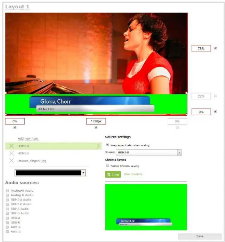 Layout 1 Gloria Choir All for Him 78% 22% 0% 0% 1920px Add new item HDMI-B HDMI-A Devout_singer2.jpg Source settings Keep aspect ratio when scaling Source: HDMI-B Chroma keying Enable Chroma keying Crop Clear cropping Audio sources: Analog-A Audio Analog-B Audio HDMI-A Audio HDMI-B Audio SDI-A Audio SDI-B Audio USB-A USB-B Auto A Auto B Glora Choir Alpha Fox Save