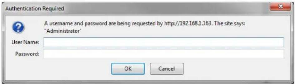 Authentication Required A username and password are being requested by http://192.168.1.163. The site says: "Administrator" User Name: Password: OK Cancel