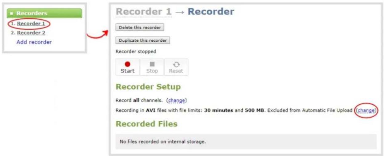 ■ Recorders 1. Recorder 1 2. Recorder 2 Add recorder Recorder 1 → Recorder Delete this recorder Duplicate this recorder Recorder stopped Start Stop Reset Recorder Setup Record all channels. (change) Recording in AVI files with file limits: 30 minutes and 500 MB, Excluded from Automatic File Upload (change) Recorded Files No files recorded on internal storage.