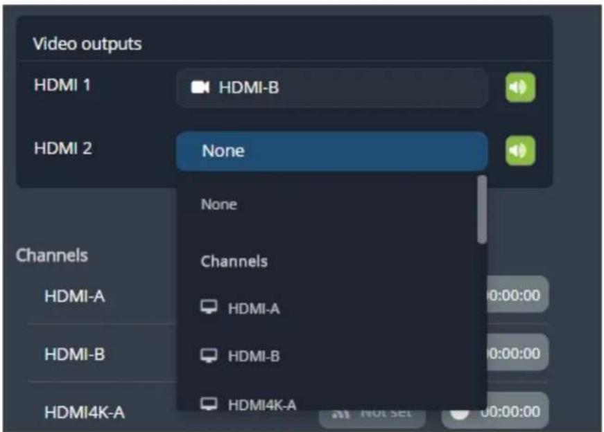 Video outputs HDMI 1 HDMI-B HDMI 2 None Channels HDMI-A Channels HDMI-B HDMI-A HDMI-A HDMI4K-A HDMI-B HDMI-B Not set 00:00:00