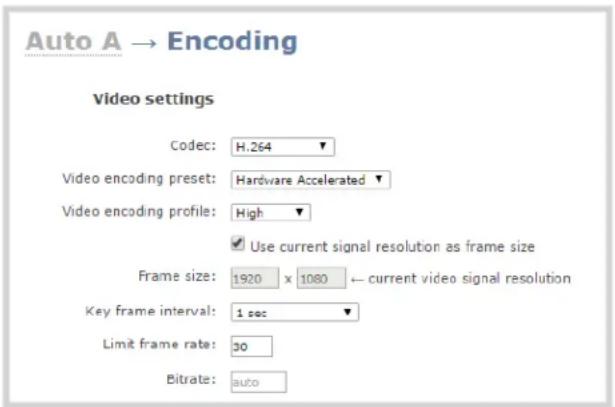 Auto A → Encoding Video settings Codec: H.264 ▼ Video encoding preset: Hardware Accelerated ▼ Video encoding profile: High ▼ ✓ Use current signal resolution as frame size Frame size: 1920 x 1080 ← current video signal resolution Key frame interval: 1 sec ▼ Limit frame rate: 30 Bitrate: auto