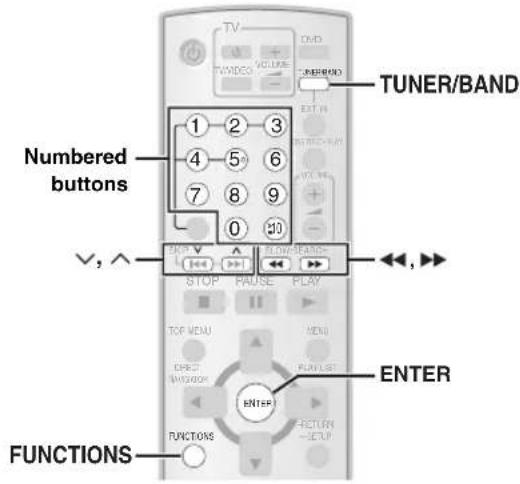 TUNER/BAND Numbered buttons V, ^ FUNCTIONS ENTER FROM BAND STOP PAUSE PLAY MENU DIRECT VINDSOR PLAY LIST ENTER FUNCTIONS RETURN SETUP
