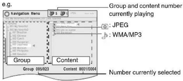 e.g. Navigation Menu Group and content number currently playing : JPEG : WMA/MP3 Content Group 005/023 Content 0001/0004 Number currently selected