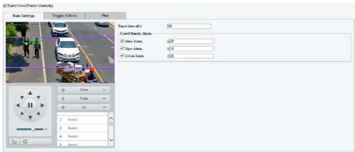 Enable Crowd Density Monitoring Rule Settings Trigger Actions Plan Report Interval(s) 60 Crowd Density Alarm Minor Alarm ≥20 Major Alarm ≥24 Critical Alarm ≥30 Zoom + - Farms + - Info - 2 Preset 2 3 Preset 3 4 Preset 4 5 Preset 5