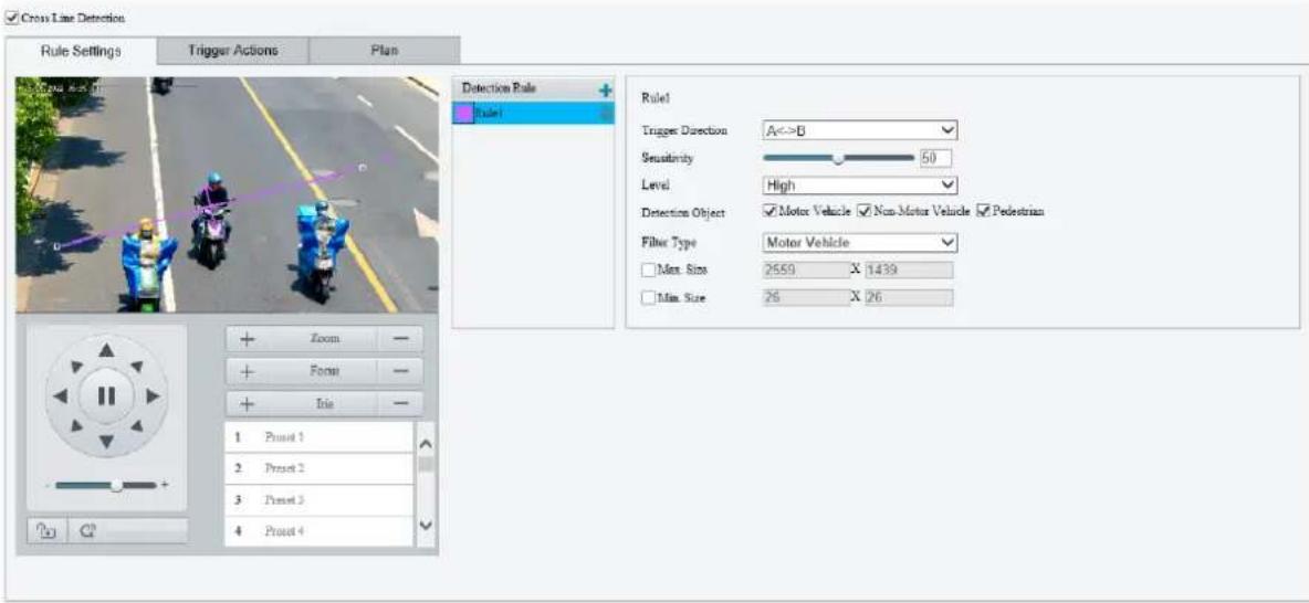 Cross Line Detection Rule Settings Trigger Actions Plan Detection Rule Rule1 Rule1 Trigger Direction A<>B Sensitivity 50 Level High Detection Object ✓Motor Vehicle ✓Non-Motor Vehicle ✓Pedestrian Filter Type Motor Vehicle Max. Size 2550 X 1439 Max. Size 26 X 26 + Zoom - + Form - + Info - 1 Prout 1 2 Prout 2 3 Prout 3 4 Prout 4