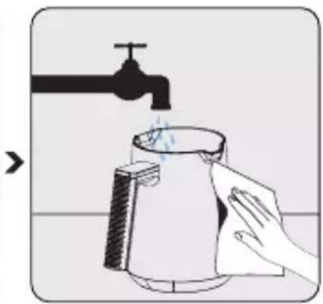 Illustration of a hand cleaning a water dispenser with a faucet above (no text or symbols)