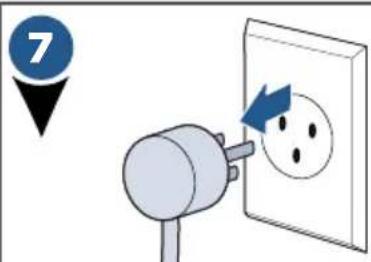 Diagram showing a plug inserted into an electrical outlet with a numbered marker and directional arrow indicating flow or movement.
