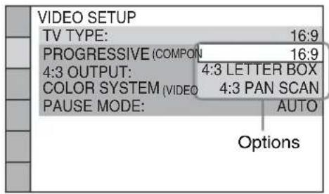 VIDEO SETUP TV TYPE: 16:9 PROGRESSIVE (COMPON) 16:9 4:3 OUTPUT: 4:3 LETTER BOX COLOR SYSTEM (VIDEO) 4:3 PAN SCAN PAUSE MODE: AUTO Options