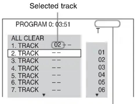 Selected track | Selected track | ALL CLEAR | | :--- | :--- | | 1. TRACK | 02 -- | | 2. TRACK | -- | | 3. TRACK | -- | | 4. TRACK | -- | | 5. TRACK | -- | | 6. TRACK | -- | | 7. TRACK | -- | T 01 02 03 04 05 06