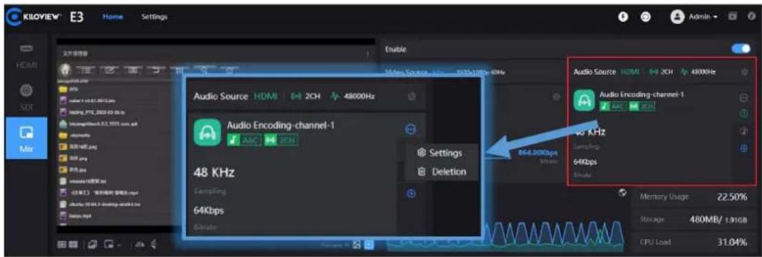 KROVIEW® E3 Home Settings Enable Audio Source HDMI 2CH 48000Hz Audio Encoding-channel-1 48 KHz Settings Deletion Audio Source HDMI 2CH 48000Hz Audio Encoding-channel-1 64Kbps 864.00Kbps Memory Usage 22.50% Storage 480MB/1.91GB CPU Load 31.04%