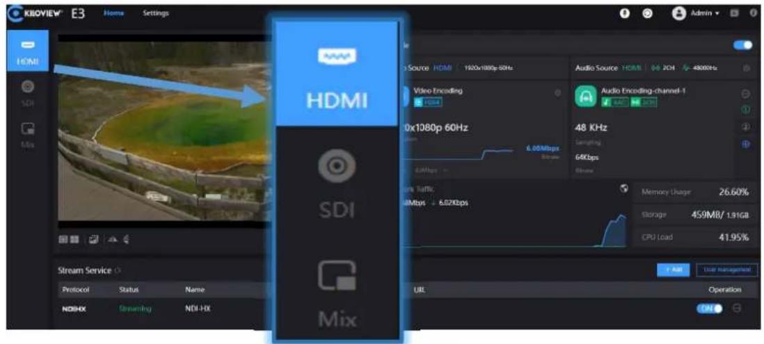 K80VIEW® E3 Home Settings HDMI HDMI Video Encoding 1920x1080p 60Hz Audio Source: HDMI 04-204 4800Hz Audio Encoding-channel-1 48 KHz Sampling 64Kbps Data Traffic 54Mbps 8.02Kbps Memory Usage 26.60% Storage 459MB/1.91GB CPU Load 41.95% User management URL Operation Stream Service Protocol Status Name NDI-HX Streaming NDI-HX Mix