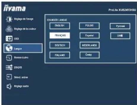 iivama Reçage de l'image Reçage de la couleur OSD Langue Remise à cro DIVERS Select extra Reçage audio CHANGER LANGUE ENGLISH POLSKI Pycosseil FRANÇAUS Español DEUTSCH REDERLANDS ITALAND Crady ProLite XUB2493HBU