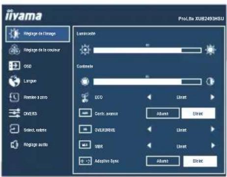 iivama Régage de l'image Régage de la couleur OSD Large Remain à zero OVERS Select, incline Régage auille Luminette Controle ECO Contre avance OVERMOVE VBR Adaptive Sync Alami1 Elmit Elmit Elmit Elmit Elmit ProLite XUB2493HSU