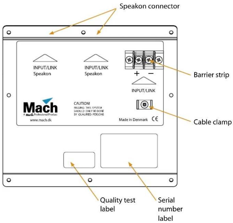 Speakon connector INPUT/LINK Speakon INPUT/LINK Speakon + - INPUT/LINK Barrier strip Mach A Martin Professional Product www.mach.dk CAUTIONI RIGGING THIS SYSTEM SHOULD ONLY BE DONE BY QUALIFIED PERSONS Made in Denmark CE Cable clamp Quality test label Serial number label