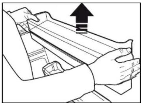 Line drawing of hands operating a mechanical component with an upward arrow indicating motion.