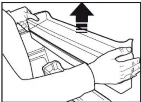 Line drawing of hands operating a mechanical component with an upward arrow indicating motion (no text or symbols).