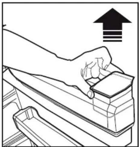 Line drawing of a hand using a tool to lift a stack of materials, with an upward arrow and three horizontal lines indicating motion (no text or symbols).