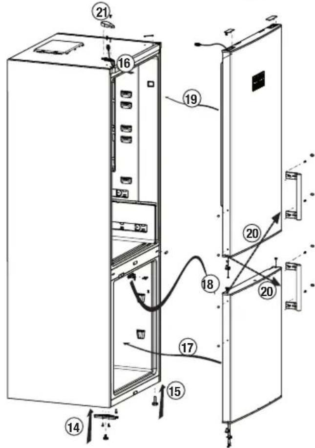 Technical diagram of a refrigerator interior with numbered components and wiring annotations
