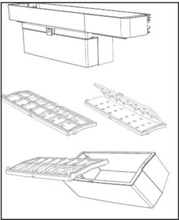 Technical line drawings of mechanical components, including a rectangular housing, internal compartments, and an open tray.