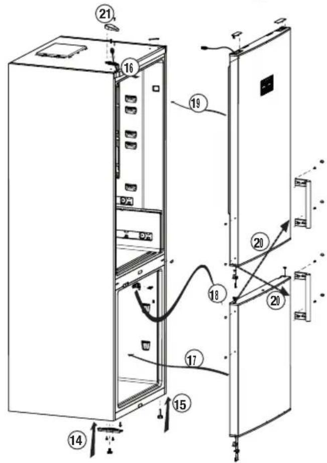 Technical diagram of a refrigerator interior with numbered components and wiring annotations.