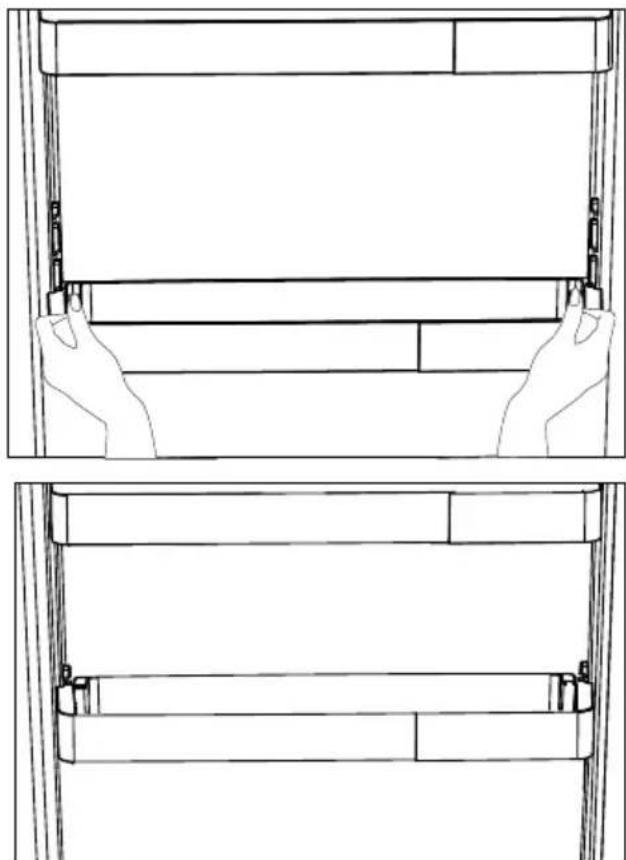 Line drawing of two identical views of a cabinet or shelf with hands holding the top panel (no text or symbols)