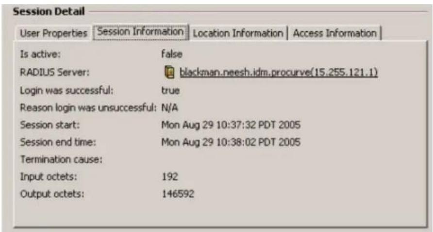 Session Detail User Properties Session Information Location Information Access Information Is active: false RADIUS Server: blackman.neesh.idm.procurve(15.255.121.1) Login was successful: true Reason login was unsuccessful: N/A Session start: Mon Aug 29 10:37:32 PDT 2005 Session end time: Mon Aug 29…