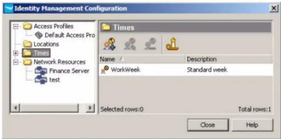 Identity Management Configuration Access Profiles Default Access Pro Locations Times Network Resources Finance Server test Times Name Description WorkWeek Standard week Selected rows:0 Total rows:1 Close Help