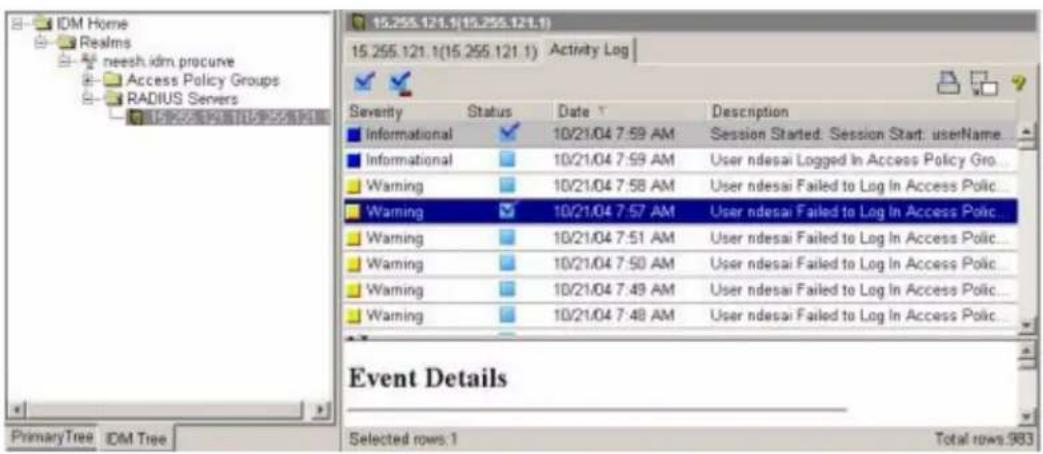 IDM Home Realms neesh idm procure Access Policy Groups RADIUS Servers 15.255.121.1(15.255.121.1) 15.255.121.1(15.255.121.1) Activity Log Severity Status Date Description Informational ✓ 10/21/04 7:59 AM Session Started: Session Start: userName... Informational □ 10/21/04 7:59 AM User ndesai Logged I…