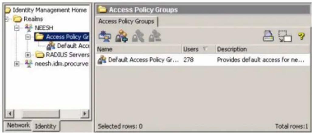 Identity Management Home. Realms: NEESH. Access Policy Gr, Default Acc, RADIUS Servers: neesh.idm.procurve. Network Identity. Access Policy Groups. Access Policy Groups: Name, Users, Description. Default: Access Policy Gr... 278 Provides default access for ne... Selected rows: 0, Total rows: 1.