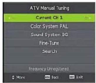ATV Manual Tuning Current OH 1 Color System PAL Sound System BG Fine-Tune Search Frequency Unregistered Move Back Exit