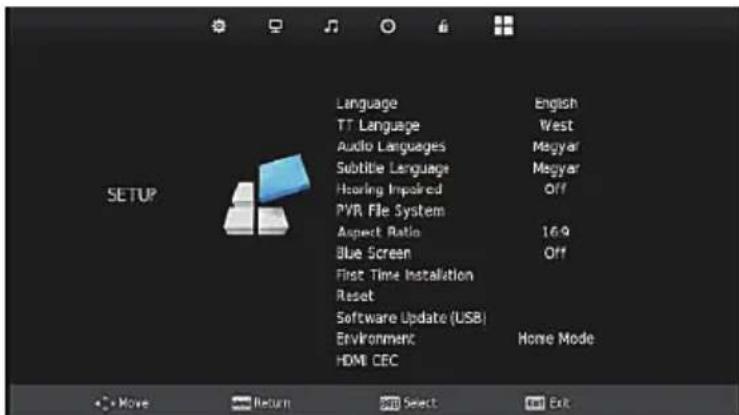 Language TT Language Audio Languages Subtitle Language Hearing Impaired PVR File System Aspect Ratio Blue Screen First Time Installation Reset Software Update (USB) Environment HDMI CEC English West Magyar Magyar Off 16:9 Off Home Mode Move Return Select Exit
