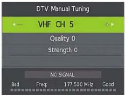 DTV Manual Tuning VHF CH 5 Quality 0 Strength 0 NO SIGNAL Bad Freq: 177.500 MHz Good