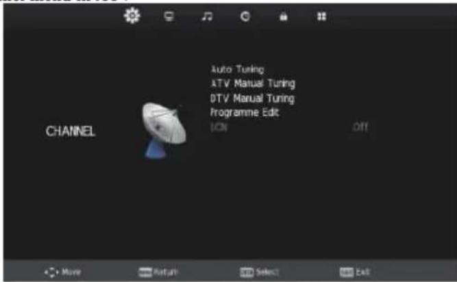 Auto Tuning ATV Manual Tuning DTV Manual Tuning Programme Edit ICN OFF CHANNEL Move Return Select Exit