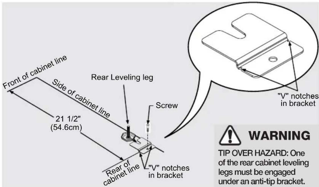 Front of cabinet line, Side of cabinet line, 21 1/2" (54.6cm), Rear Leveling leg, Screw, "V" notches in bracket, "V" notches in bracket, WARNING: TIP OVER HAZARD: One of the rear cabinet leveling legs must be engaged under an anti-tip bracket.