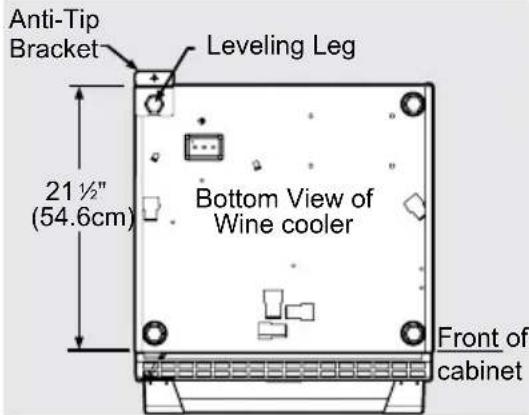 Anti-Tip Bracket, Leveling Leg, 21 ½" (54.6cm), Bottom View of Wine cooler, Front of cabinet