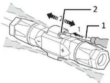 Technical diagram of a mechanical device with labeled parts 1, 2, and directional arrows indicating movement or assembly.