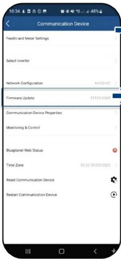 10:34 48% Communication Device Feedlin and Meter Settings Select inverter Network Configuration KACO-VC Firmware Update 21510 005R Communication Device Properties Monitoring & Control Blueplanet Web Status Time Zone 10:33 30/03/2023 Reset Communication Device Restart Communication Device