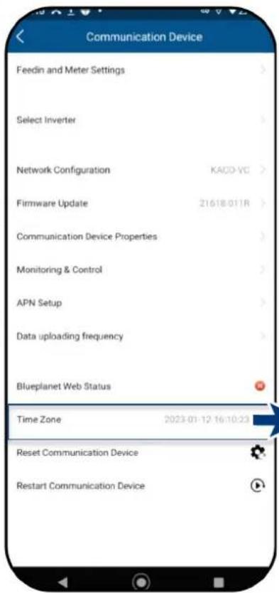 Communication Device Feedin and Meter Settings Select Inverter Network Configuration KACD-VC Firmware Update 21618.011R Communication Device Properties Monitoring & Control APN Setup Data uploading frequency Blueplanet Web Status Time Zone 2023-01-12 16:10:23 Reset Communication Device Restart Commu…