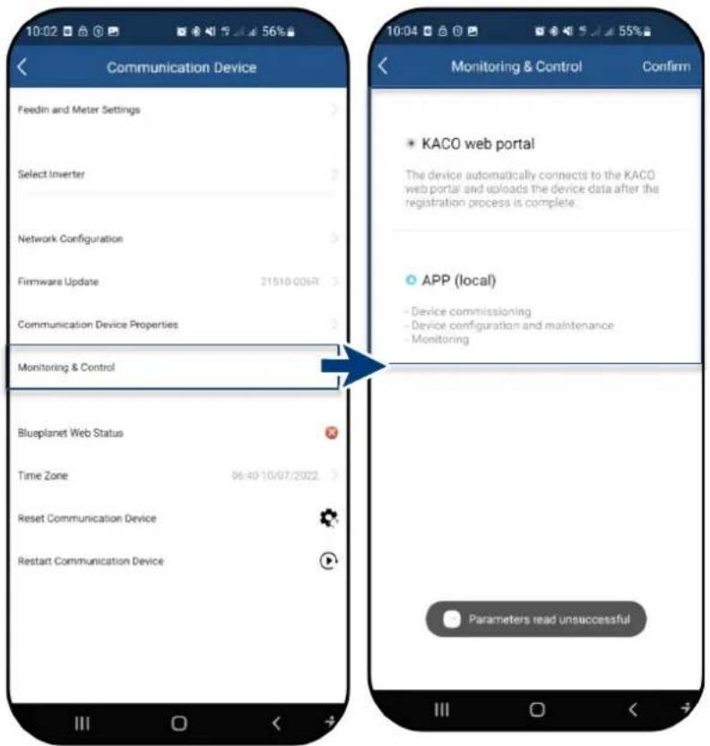 10:02 56% Communication Device Feedin and Meter Settings Select Inverter Network Configuration Firmware Update 21510-006R Communication Device Properties Monitoring & Control Blueplanet Web Status Time Zone 06:40 10/07/2022 Reset Communication Device Restart Communication Device Monitoring & Control…