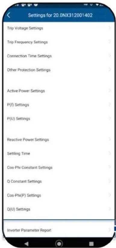 Settings for 20.0NX312001402 Trip Voltage Settings Trip Frequency Settings Connection Time Settings Other Protection Settings Active Power Settings P(f) Settings P(U) Settings Reactive Power Settings Settling Time Cos-Phi Constant Settings Q Constant Settings Cos-Phi(P) Settings Q(U) Settings Invert…