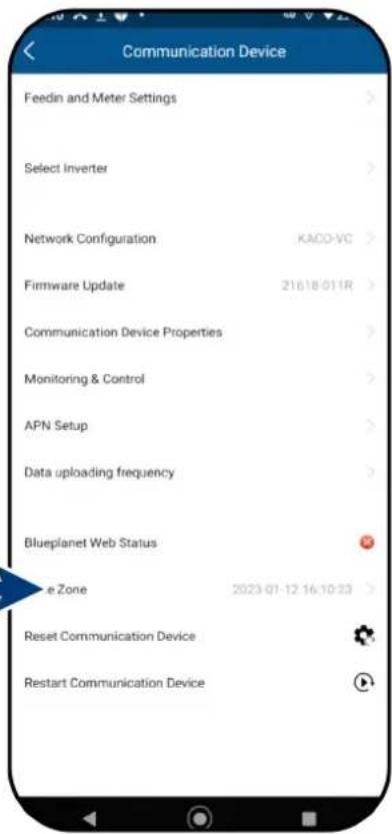 Communication Device Feedin and Meter Settings Select Inverter Network Configuration KACO-VC Firmware Update 21618-011R Communication Device Properties Monitoring & Control APN Setup Data uploading frequency Blueplanet Web Status e Zone 2023-01-12 16:10:23 Reset Communication Device Restart Communic…