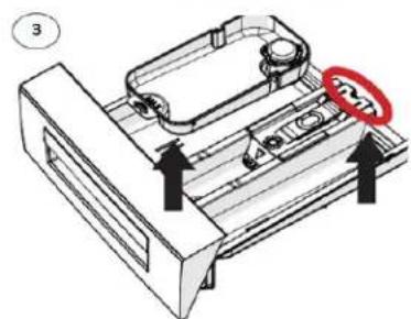 Technical diagram of a mechanical device with numbered components and directional arrows indicating assembly or movement.