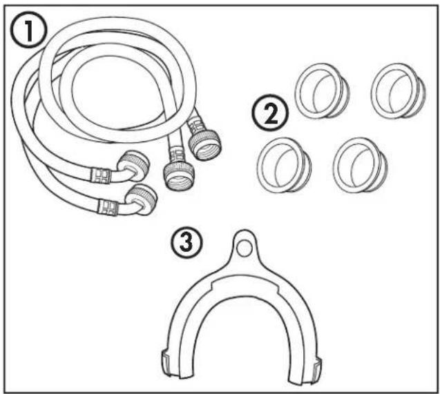 Technical diagram showing three labeled parts: coiled hoses, circular components, and a mechanical clamp.