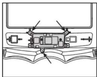Technical diagram of a device rear panel with labeled components and directional arrows indicating assembly or movement.